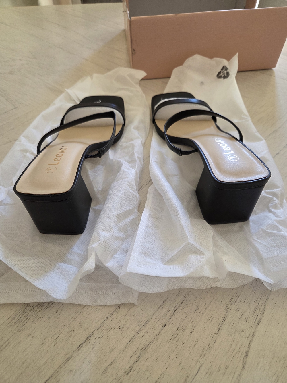 Leevar Square Open Toe Sandal Chunky Low Heel Two Strap Mule Black Size 7 - Picture 4 of 6